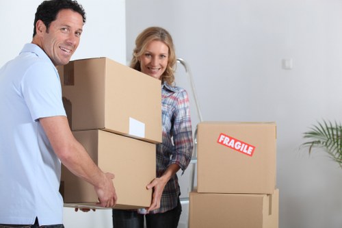 Boxes and work items arranged for a commercial move in East London